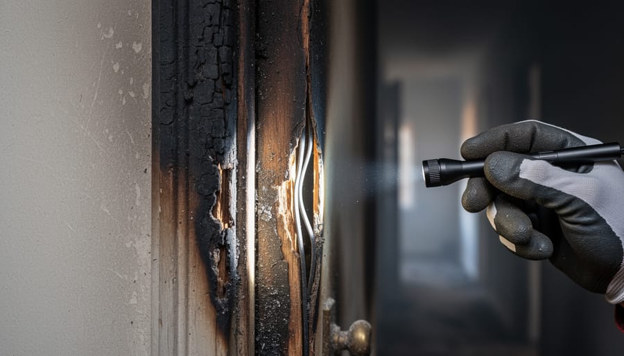Fire-damaged door frame showing compromised weatherstripping and structural gaps