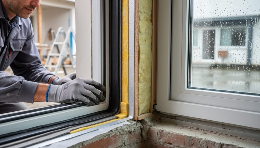 Contractor installing fire-resistant rubber weatherstripping around window frame