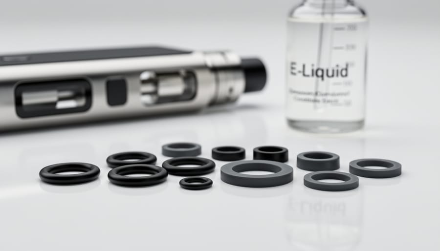 Overhead view of various fluoroelastomer rubber seals on metal surface with measurement tools