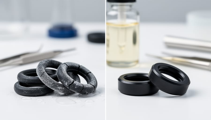 Close-up comparison showing degraded rubber seal with cracks next to intact chemical-resistant seal