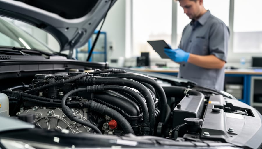 Automotive engine compartment showing rubber hoses, seals, and gaskets
