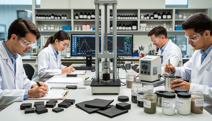 Laboratory technician in blue gloves examining black rubber compound sample