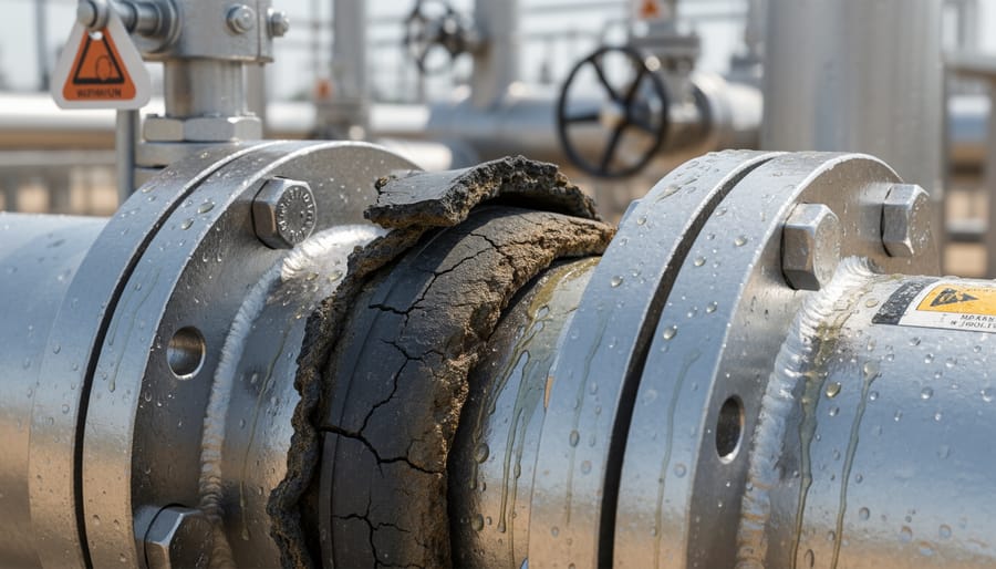 Close-up of a chemical pump valve area with worn and cracked gasket-region material
