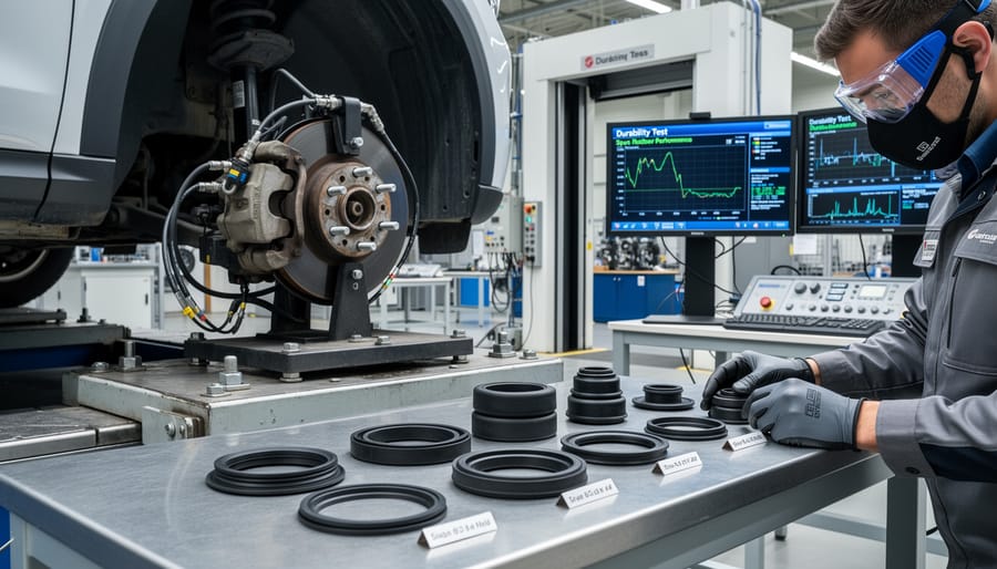 Rubber component positioned in an automotive dynamometer test bay with industrial equipment in the background