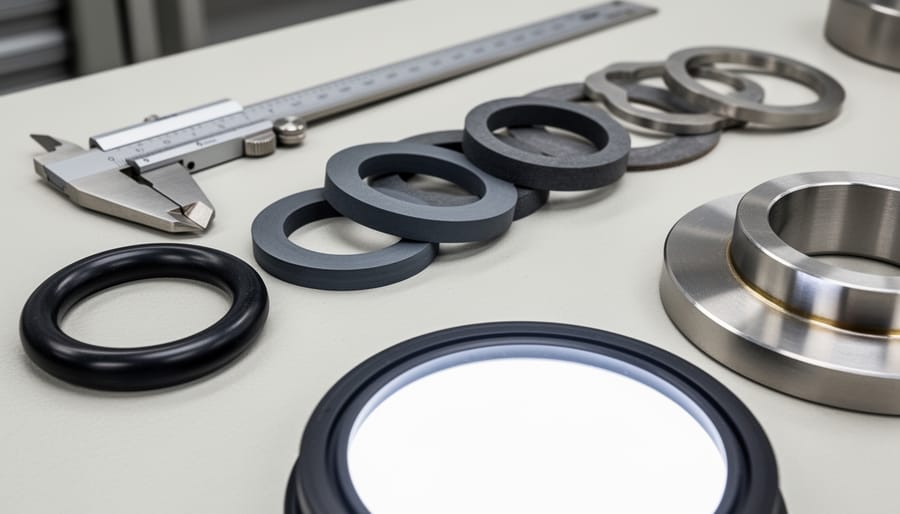 Rubber seals and gasket samples on a workbench with calipers, gloves, and a tape measure