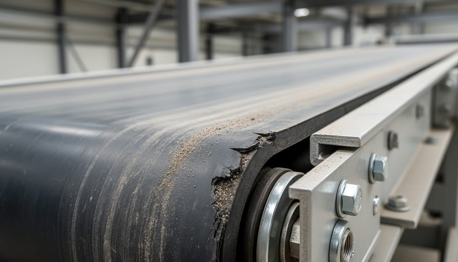 Scuffed rubber conveyor liner showing extreme wear at an industrial transfer point