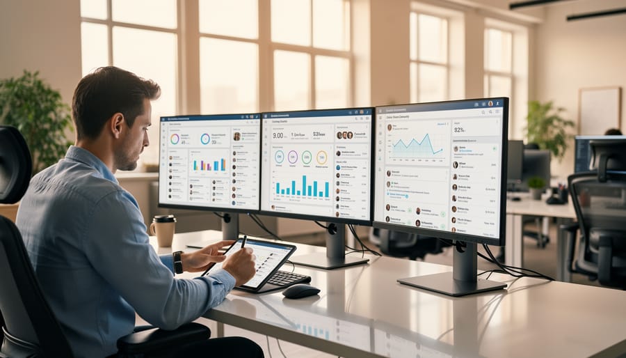 Analyst holding a smartphone next to a laptop in an office setting to represent subreddit analytics.