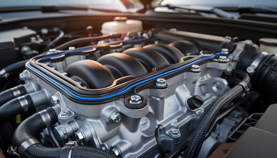 Rubber seal/gasket visible in a vehicle engine bay in bright daylight