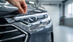 Close-up of a clear paint protection film being applied to a dark vehicle bumper, showing its protective surface and layered laminate appearance.