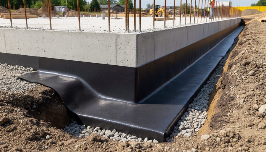 Gloved contractor hands applying black elastomeric waterproof coating to a foundation wall.