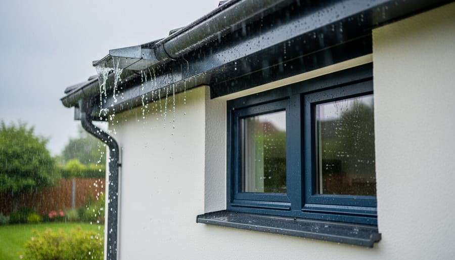 Modern home exterior in heavy rain showing water beading and running off the roof membrane and window trim.