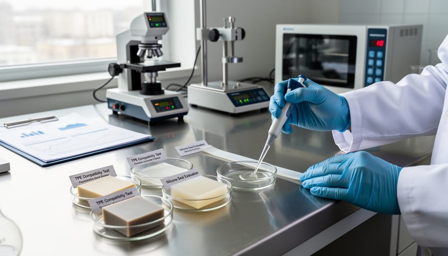 Gloved hands holding silicone and TPE sealing strips in a lab setting