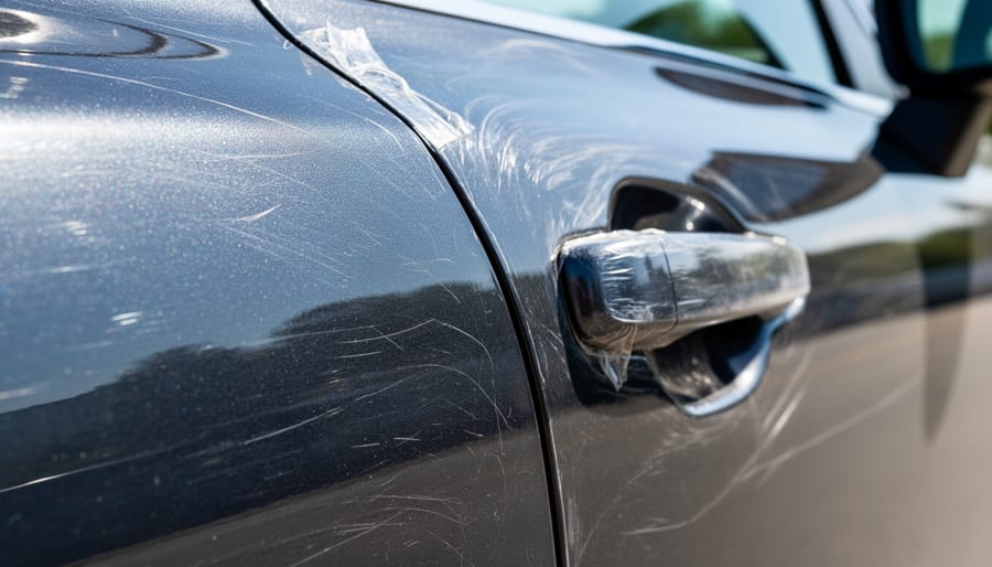 Macro view of a clear automotive protective film surface showing micro-scratches and subtle wear texture.