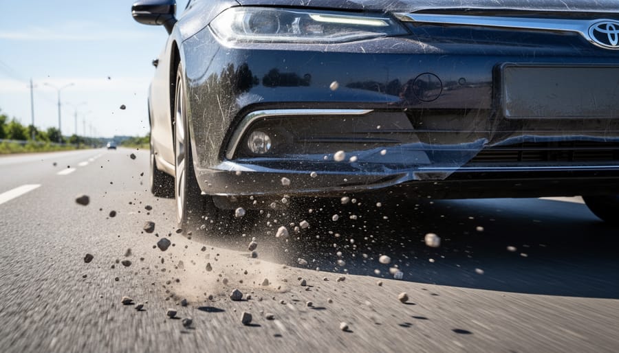 Low-angle roadside scene with small stones and asphalt debris near a vehicle fender area.