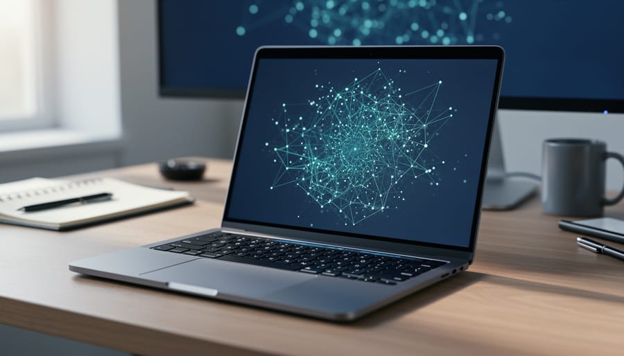 Laptop on a desk displaying an abstract, non-text node network representing subreddit analytics and community engagement signals.