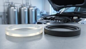 Close-up of silicone and TPE sealing rings placed side-by-side on an industrial workbench with blurred chemical and automotive equipment in the background.