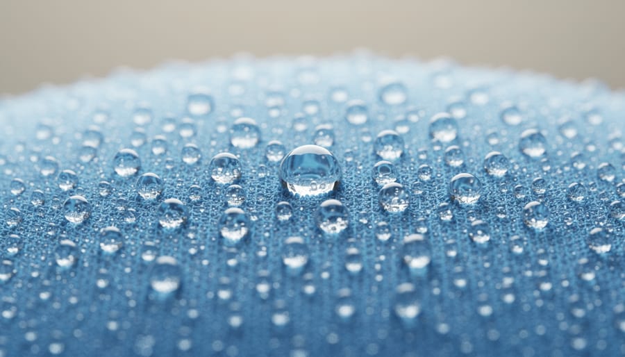 Macro view of water droplets beading on a smooth thermoplastic membrane near a seam edge.