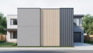 Close, medium-wide view of a modern home exterior showing weatherproof fiber-cement cladding, engineered wood paneling, and metal siding seams under bright overcast light.