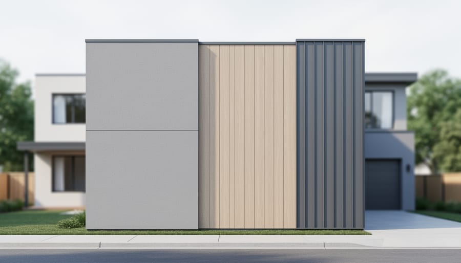 Close, medium-wide view of a modern home exterior showing weatherproof fiber-cement cladding, engineered wood paneling, and metal siding seams under bright overcast light.
