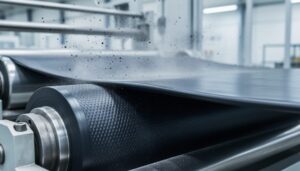 Close-up of rubber material on a textured industrial roller with fine reinforcing particles suggesting carbon black or silica in a compounding environment.