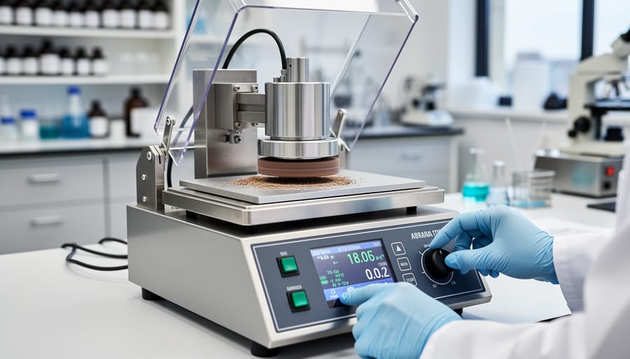 Laboratory abrasion testing machine with a rotating abrader contacting a rubber specimen.
