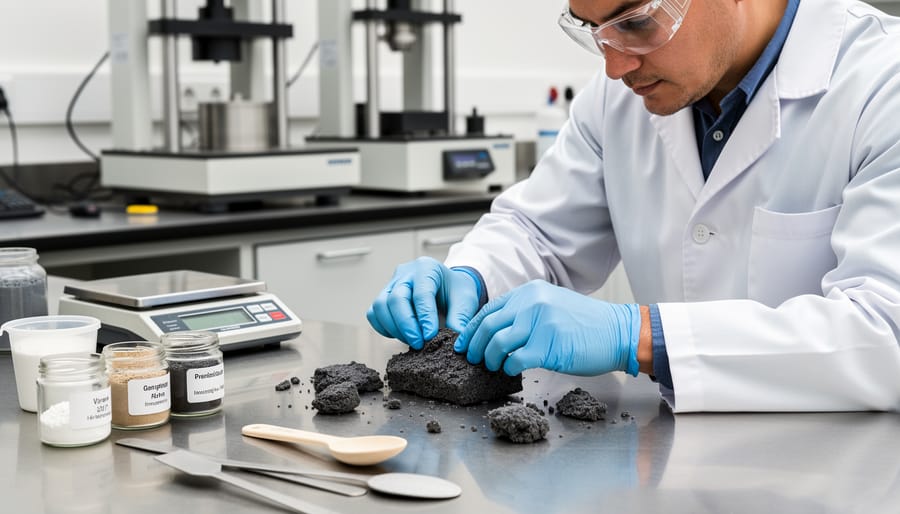 Technician in gloves kneeding a dark rubber compound on a laboratory bench in preparation for abrasion testing.