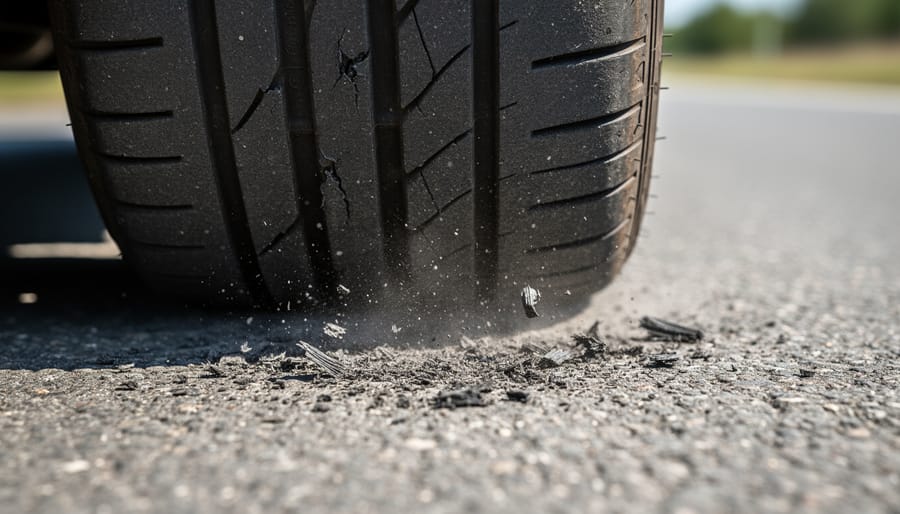 Close view of a tire tread scuffing rough concrete, producing visible dust and rubber wear debris.