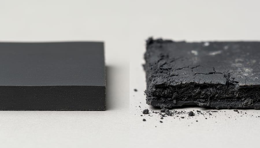 Rubber sample showing a visibly worn matte surface on a test specimen on a dark lab mat.