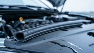 Close-up of an automotive rubber seal and molded rubber component in a blurred engine bay environment, with visible surface texture suggesting real-world wear factors.